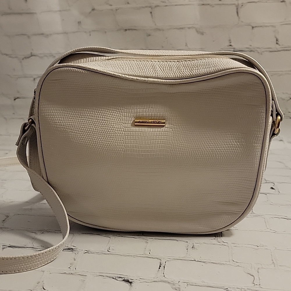 Albert Nipon Cream Embossed Leather Crossbody Bag